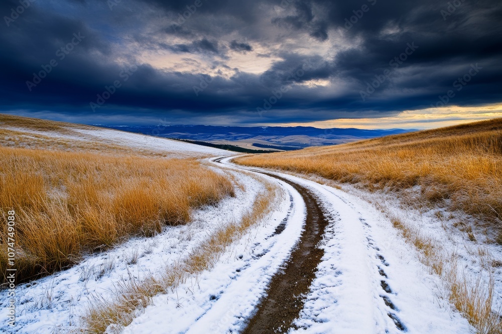 Winding Road Through Vast Snowy Plains Under Dark Stormy Skies Winding Road Through Vast Snowy Plains Under Dark Stormy Skies