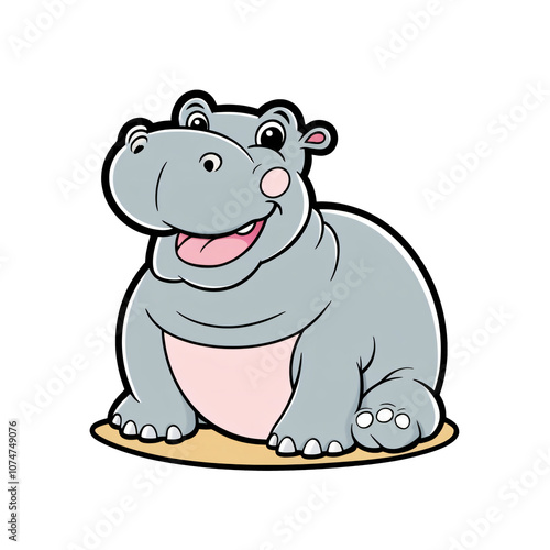 Cartoon style hippopotamus sticker with large eyes and happy smile on white background, generative ai