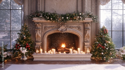 Ornate Fireplace with Christmas Trees and Burning Fire