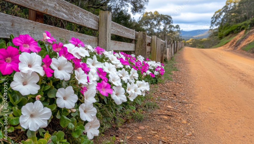 Dirt Path Lined with White and Pink Flowers Leading to an Old Wooden Fence Dirt Path Lined with White and Pink Flowers Leading to an Old Wooden Fence