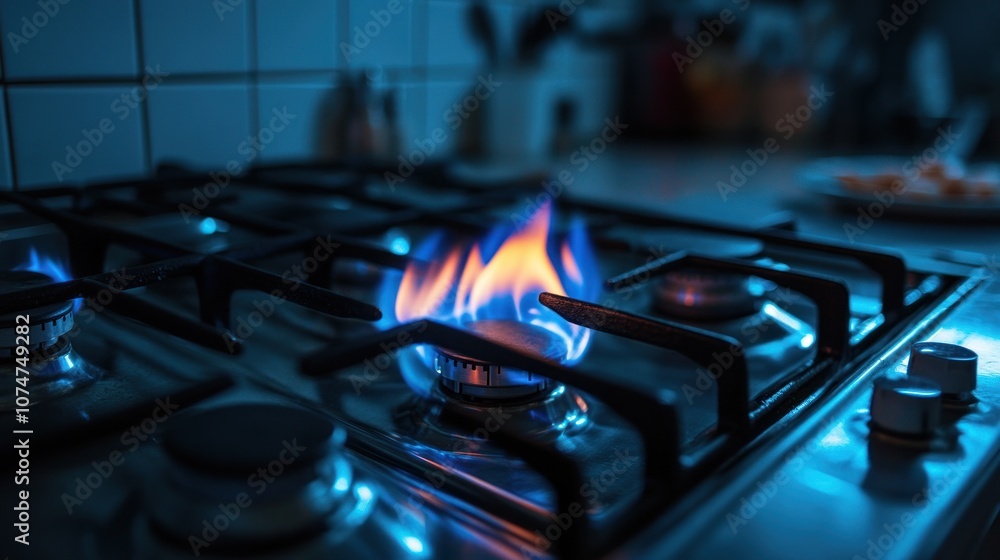 Gas Stovetop with Blue Flames Burning Gas Stovetop with Blue Flames Burning