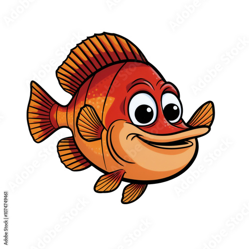 Cartoon style Hogfish with big expressive eyes, vibrant colors, bold outlined fins, friendly underwater character sticker, generative ai