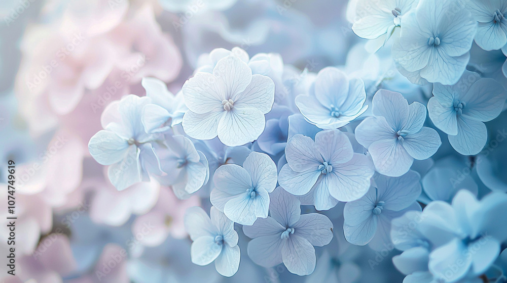 Soft pastel hydrangea flowers in blue and pink hues, dreamy floral background with gentle texture Soft pastel hydrangea flowers in blue and pink hues, dreamy floral background with gentle texture