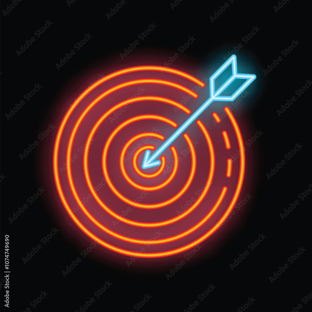 Neon sign illustrating the concept of success with a blue arrow hitting the center of a red target Neon sign illustrating the concept of success with a blue arrow hitting the center of a red target
