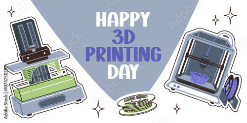 Collage of 3d printing day. 3d printers,plastic wire and computer modeling. 3D printing concept. Hand drawing holiday illustration for banner, poster