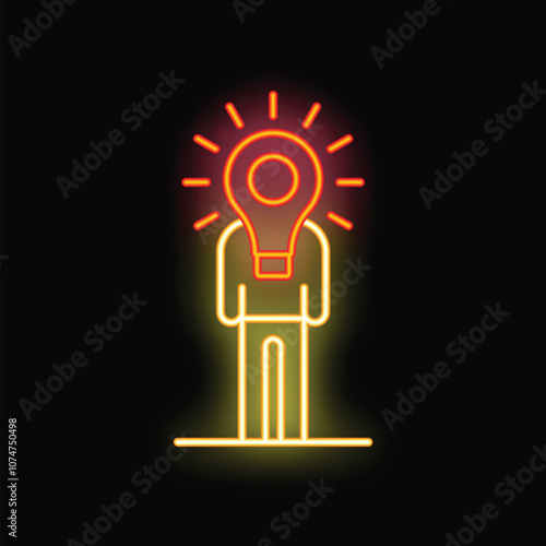 Neon sign depicting a person with a shining light bulb above their head, symbolizing a bright idea