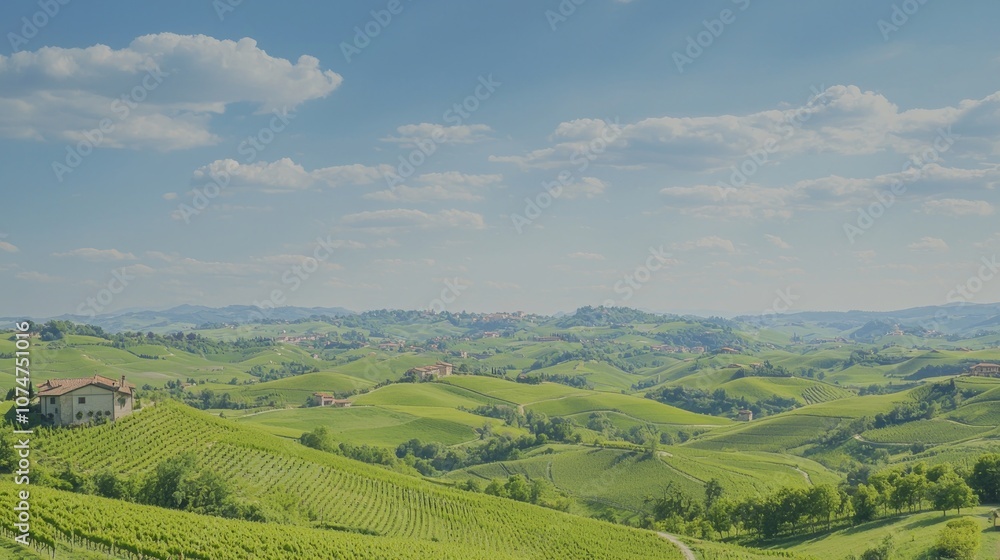 Fototapeta premium Harvesting Prosperity: Majestic Vineyards on Rolling Hills Showcasing Agricultural Sector's Economic Impact | Ultra-Detailed Photo