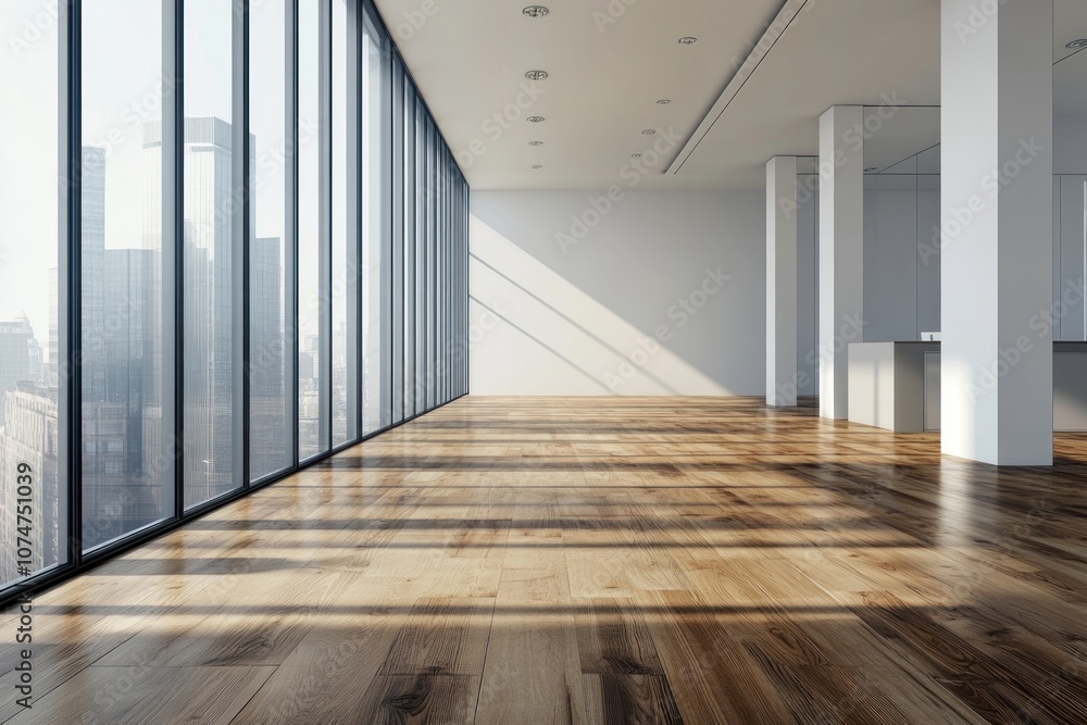 Fototapeta premium White wall in a modern office interior floor windows wooden.