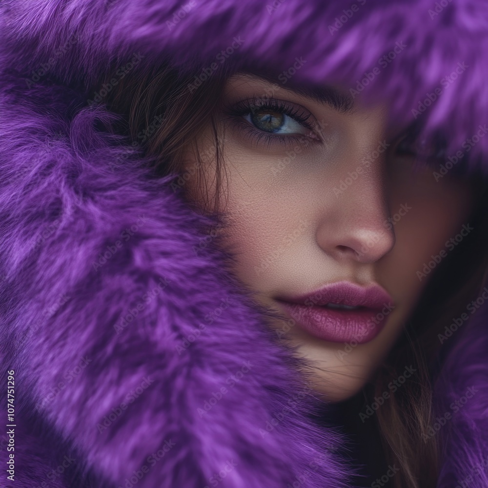 A woman in a purple fur coat with a hood. A woman in a purple fur coat with a hood.