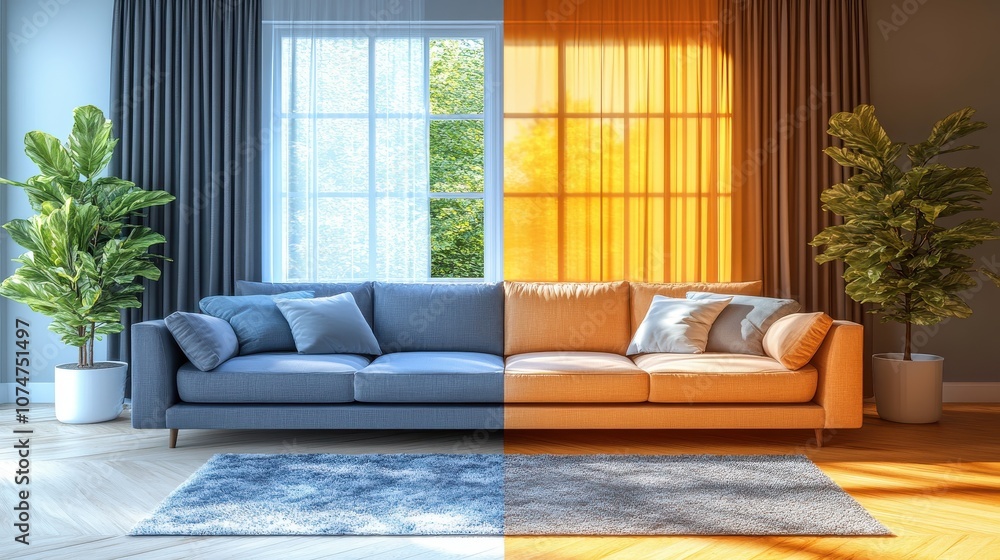 Before a small apartment After a large house, representing the impact of saving, focus on, lifestyle upgrade theme, vibrant, overlay, cityscape backdrop Before a small apartment After a large house, representing the impact of saving, focus on, lifestyle upgrade theme, vibrant, overlay, cityscape backdrop