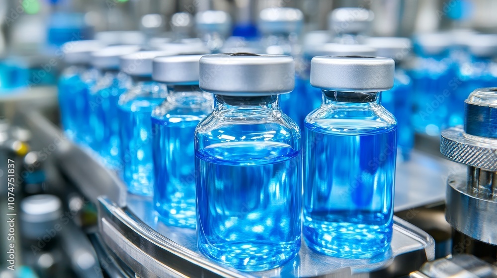 Glass ampoules with blue liquid moving along an automatic conveyor line in pharmaceutical production, illustrating the vaccine manufacturing process for coronavirus Glass ampoules with blue liquid moving along an automatic conveyor line in pharmaceutical production, illustrating the vaccine manufacturing process for coronavirus