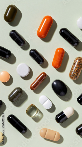 Close-Up of Assorted Capsules and Tablets on Green Background