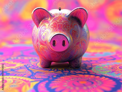 A colorful artistic piggy bank with vibrant patterns, representing creative saving methods, focus on, fun finance theme, vibrant, overlay, children s room background photo