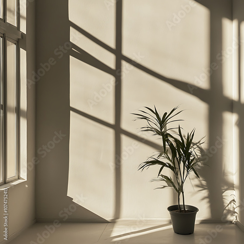 minimal workspace featuring potted plant casting shadows on wall. warm sunlight creates serene atmosphere, enhancing tranquil environment photo