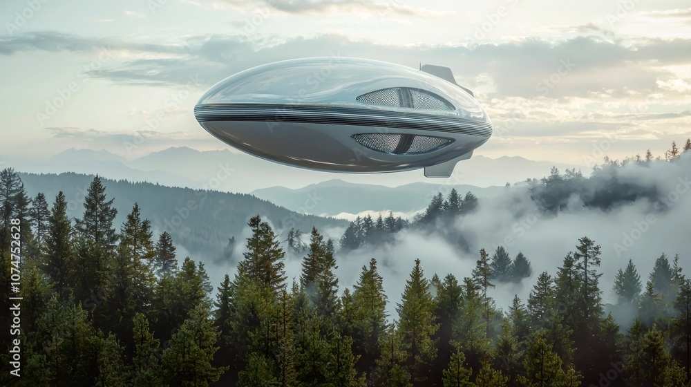 High verdant forest stunning airship floats effortlessly blending advanced design tranquil beauty misty morning nature. High verdant forest stunning airship floats effortlessly blending advanced design tranquil beauty misty morning nature.