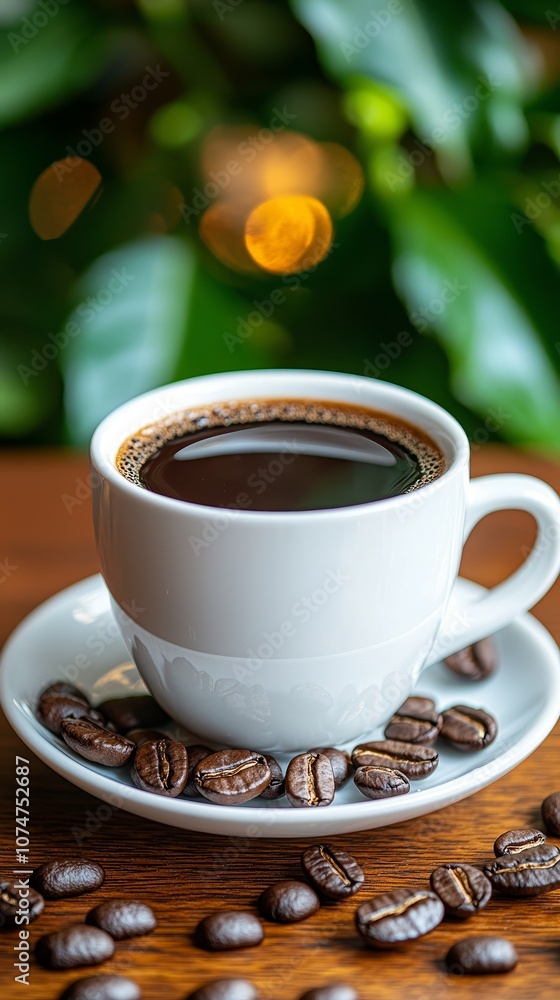 Fototapeta premium A steaming cup of black coffee surrounded by roasted beans, set against a backdrop of lush green leaves and soft bokeh lights.
