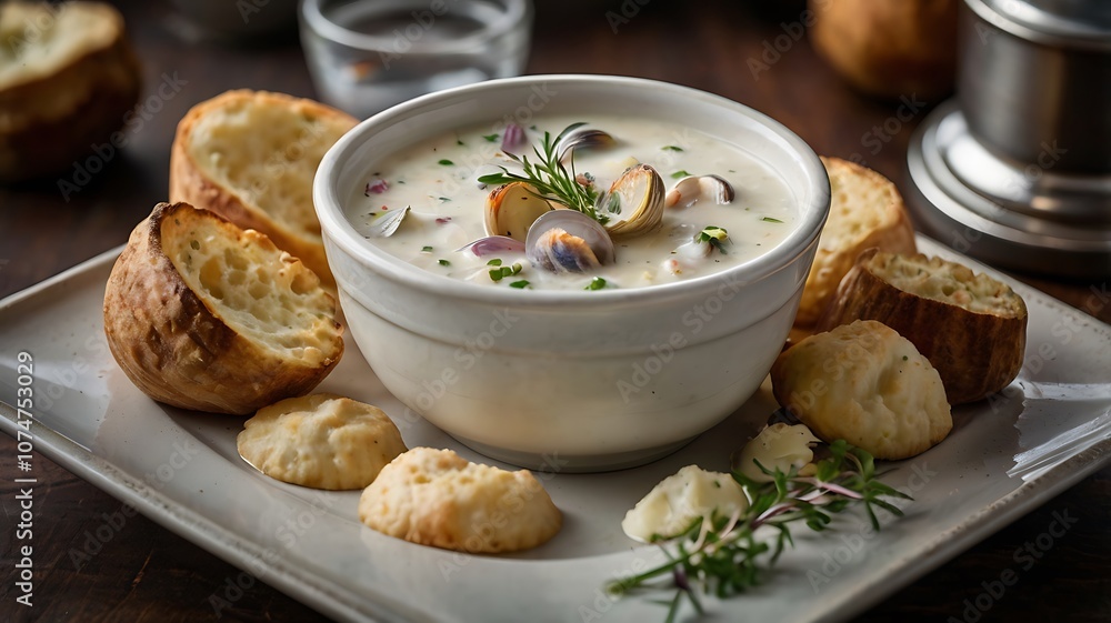 A bowl of creamy Clam Chowder with chunks of potatoes and herbs A bowl of creamy Clam Chowder with chunks of potatoes and herbs