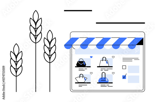 Digital storefront with handbag products on screen, three wheat stalks on left. Ideal for e-commerce, sustainability, online retail, agriculture, organic products, eco-friendly shopping, marketing