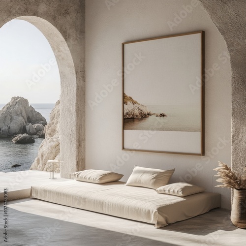 A white couch with pillows and a framed picture of a beach. The couch is in a room with a view of the ocean