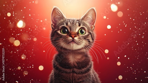 Cute Tabby Cat in Red Holiday Background