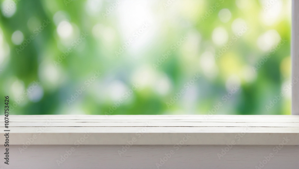 The empty white wooden table top with blur background of green living room. For product display The empty white wooden table top with blur background of green living room. For product display