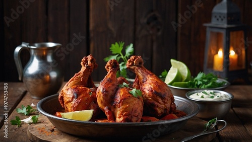 Tandoori chicken is served over a rustic wooden backdrop and is made by roasting chicken marinated in yoghurt and spices in a tandoor. selective attentionTandoori chicken is served over a rustic woode