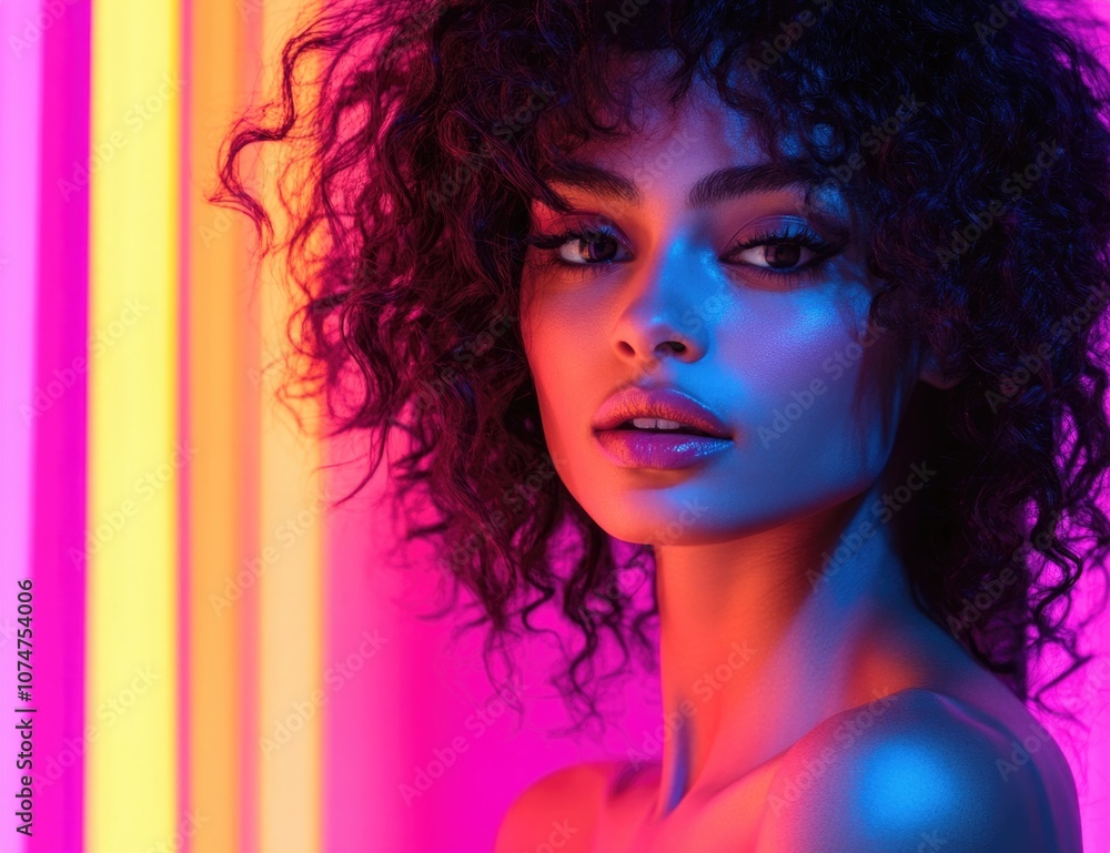 Beautiful mixed-race woman posing in front of a colorful neon background, high-fashion portrait. Beautiful mixed-race woman posing in front of a colorful neon background, high-fashion portrait.