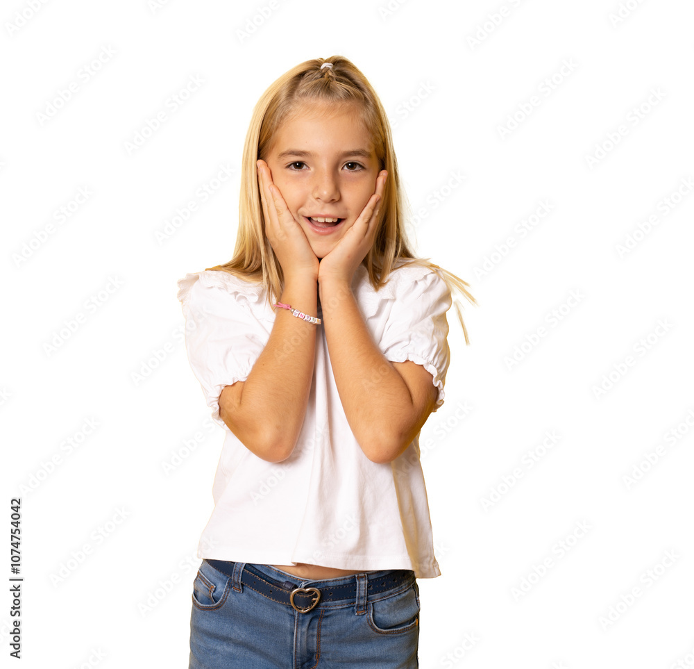 Portrait of young excited shocked crazy smiling girl child kid hold hands isolated on transparent background Portrait of young excited shocked crazy smiling girl child kid hold hands isolated on transparent background