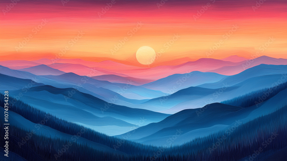 Capture the beauty of a colorful sunset over serene mountain ranges in stunning artwork Capture the beauty of a colorful sunset over serene mountain ranges in stunning artwork