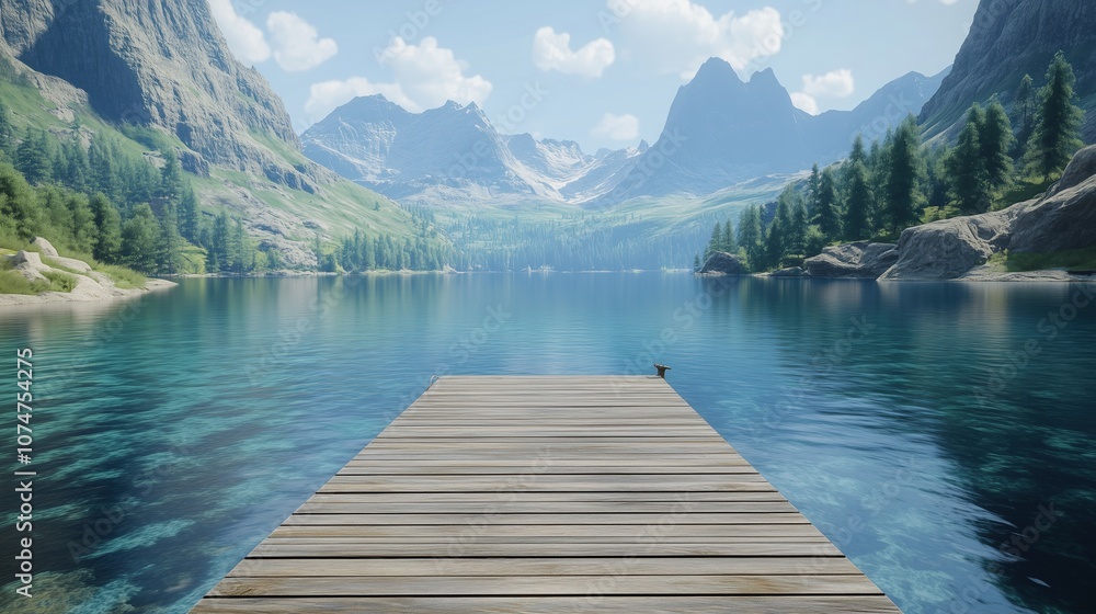 Wooden pier on tranquil mountain lake with clear reflections Wooden pier on tranquil mountain lake with clear reflections