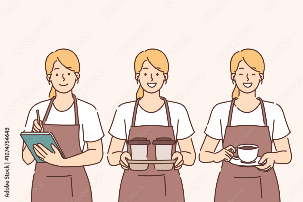 Woman waiter brings coffee in glass mug or paper cup and writes down cafe visitor new order Woman waiter brings coffee in glass mug or paper cup and writes down cafe visitor new order