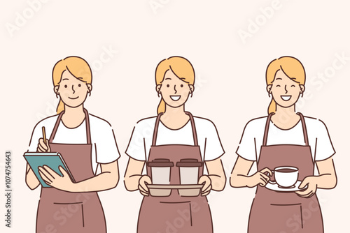 Woman waiter brings coffee in glass mug or paper cup and writes down cafe visitor new order