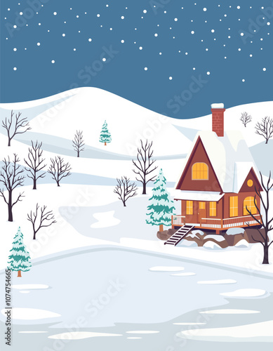 Cozy winter cabin scene with a warm light shining from the windows, surrounded by snowy hills, bare trees, and evergreen pines under a starry night sky. Ideal for Christmas, holiday, and winter themes