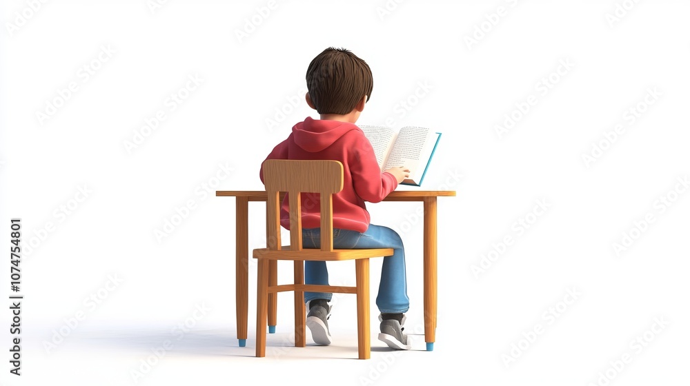 Young Boy Sitting at a Desk Reading a Book - Education and Learning Young Boy Sitting at a Desk Reading a Book - Education and Learning