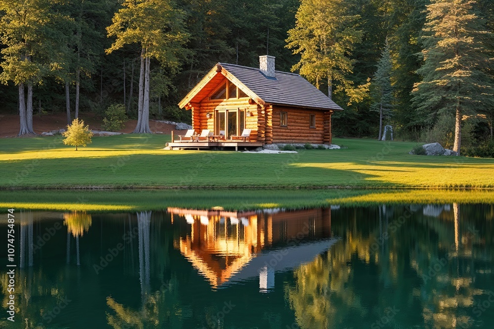 A Tranquil Log Cabin Retreat by a Serene Lake with Stunning Reflections A Tranquil Log Cabin Retreat by a Serene Lake with Stunning Reflections