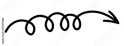 Arrow curled into a spiral. Sketch. Black arrow with four curled loops. Vector illustration. Curved direction sign to the right and down. Hand drawn pointer. Outline on an isolated white background. 