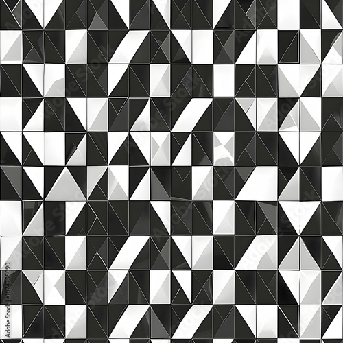 Seamless Geometric Mosaic Tile Pattern in Striking Black and White Minimalist Design with Clean Lines and Sharp Angles Conveying a Sense of Order and