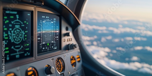 A close-up view of an aircraft cockpit displaying navigational instruments and controls, against the backdrop of clouds and a sunset.