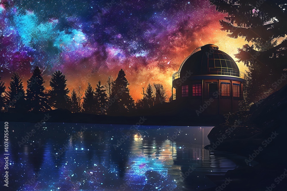 Fototapeta premium Serene Starry Night at an Enchanted Observatory Overlooking a Tranquil Lakefront Landscape