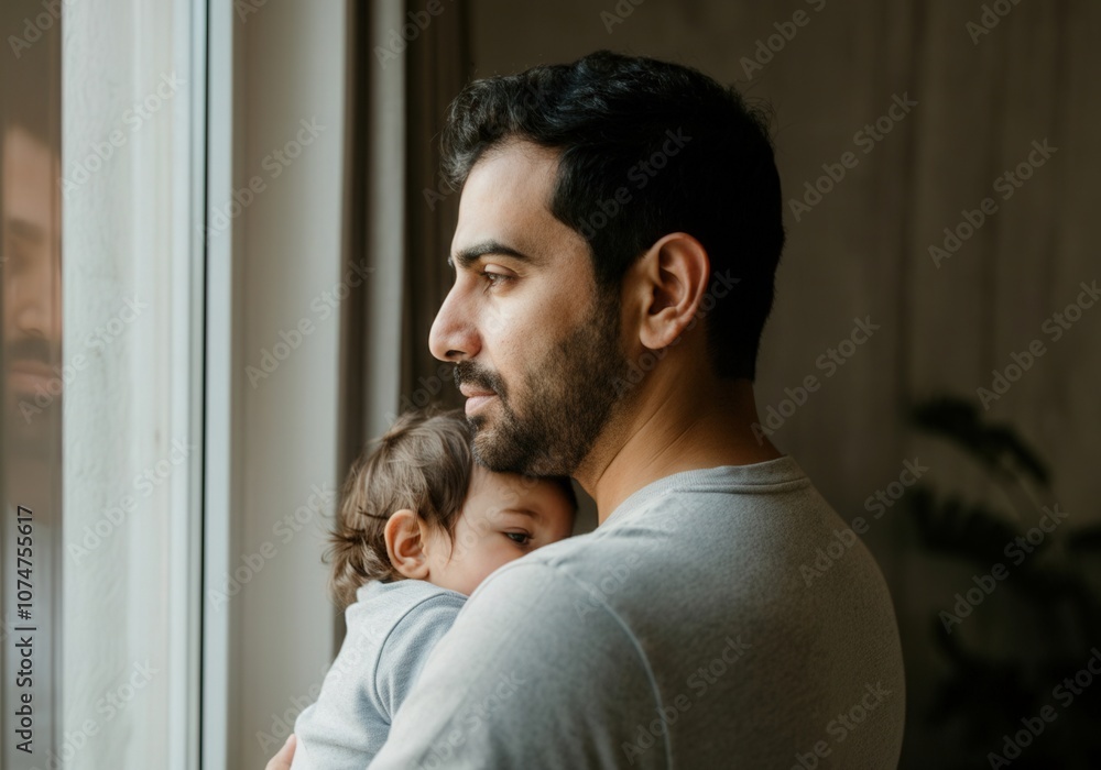 Fototapeta premium Thoughtful father holding his baby while looking out the window, hoping for a brighter future
