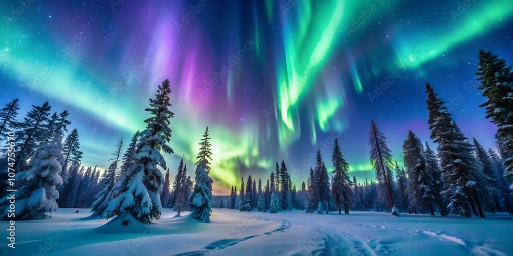 Aurora Borealis over Snowy Forest, A Magical Arctic Night Aurora Borealis over Snowy Forest, A Magical Arctic Night