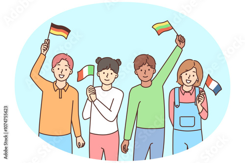 Smiling children with countries flags in hands