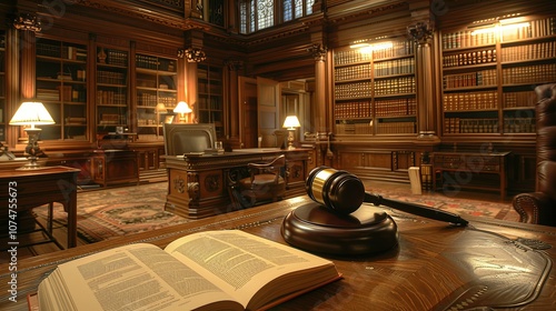 Gavel and Open Book on a Wooden Desk in a Library Room photo