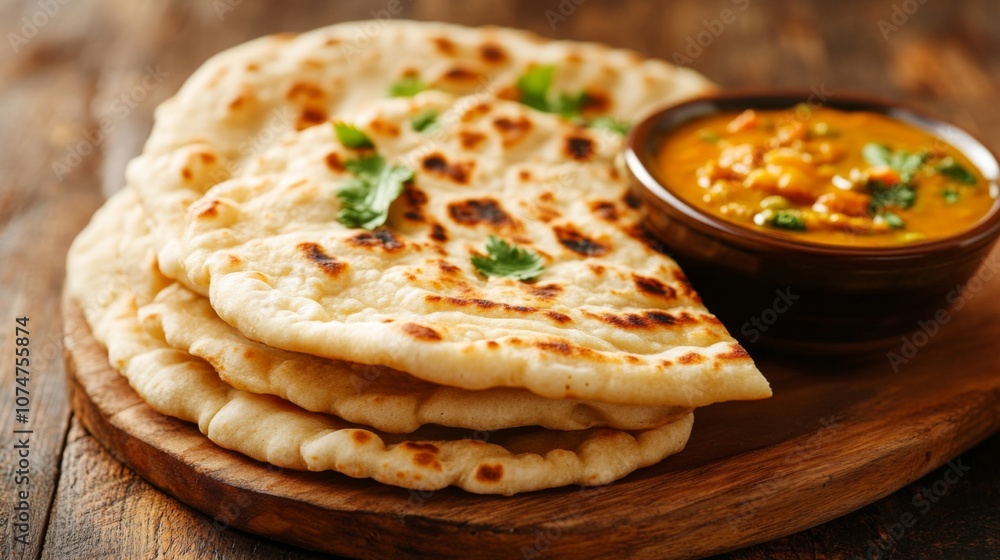 Naan Bread and Curry on Wooden Cutting Board Naan Bread and Curry on Wooden Cutting Board