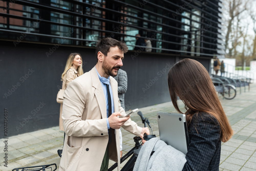 Group of business people in front of office building. Businesswoman and businessman talking and discussing, out of workplace, exchanging ideas, greeting, talking about innovation of work system. Group of business people in front of office building. Businesswoman and businessman talking and discussing, out of workplace, exchanging ideas, greeting, talking about innovation of work system.