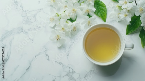 Cup of green tea with jasmine flowers on a marble background