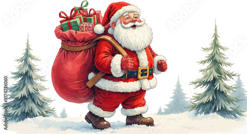 Joyful Santa Claus carrying a sack full of gifts while walking through a snowy forest landscape during the holiday season Watercolor vector