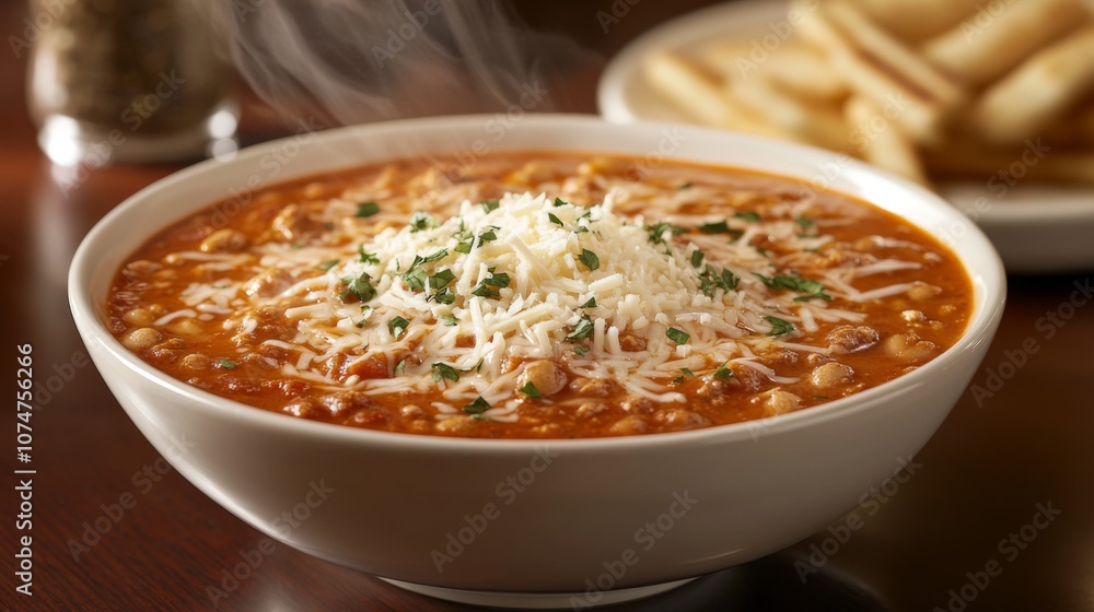 Steaming Bowl of Chili Topped with Shredded Cheese and Parsley Steaming Bowl of Chili Topped with Shredded Cheese and Parsley