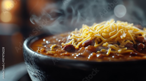 Steaming Bowl of Chili Topped with Shredded Cheese photo