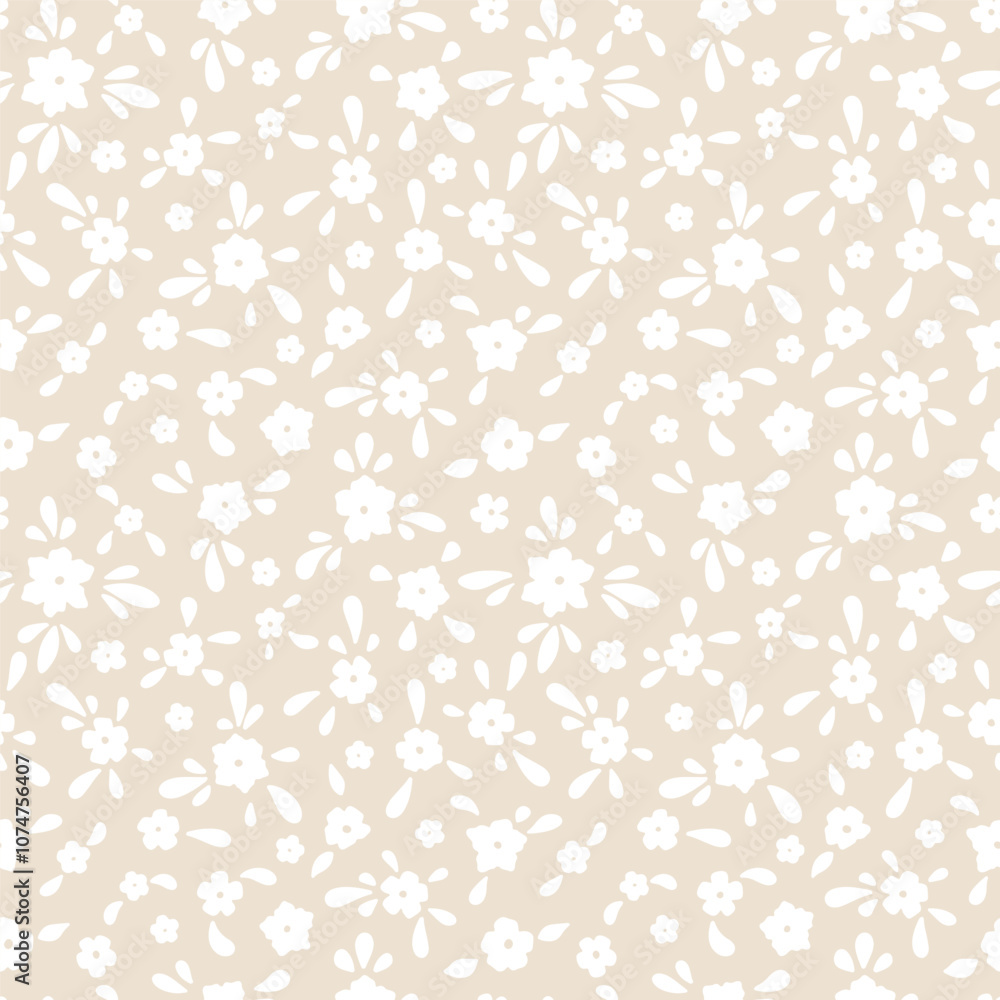 Obraz premium Seamless pattern with tiny ditsy florals on beige background. Rustic small flowers repeat wallpaper.